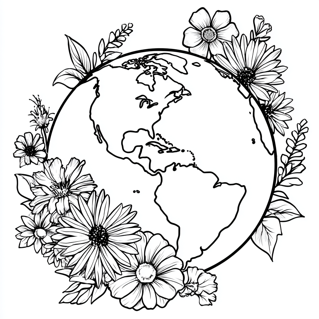 Earth Day coloring page – Earth With Flowers Flowers Growing A