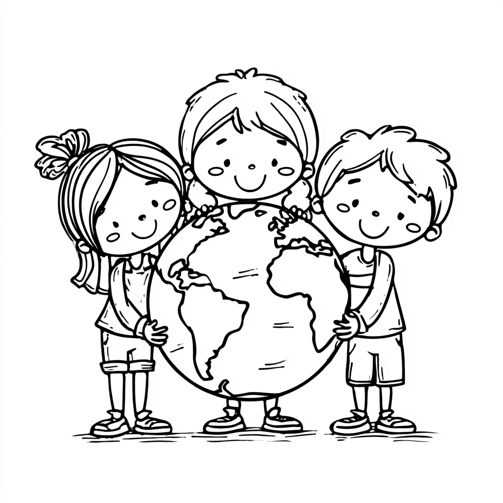Earth Day coloring page – Kids Holding Earth Children Holding
