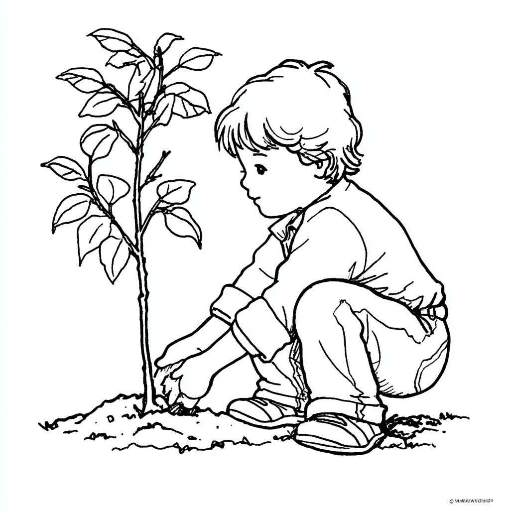 Earth Day coloring page – Planting Trees Child Planting A Tree