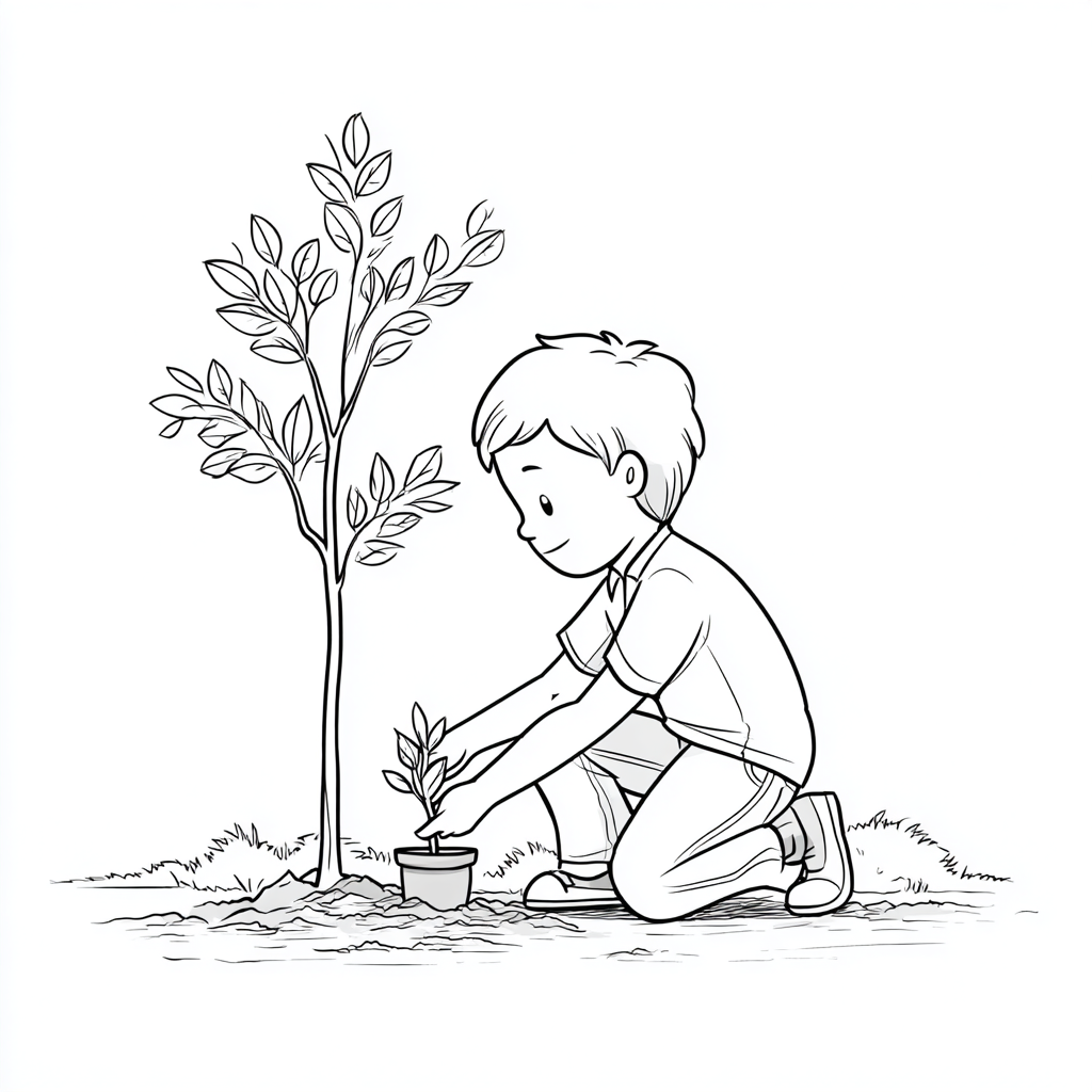 Earth Day coloring page – Planting Trees Child Planting A Tree