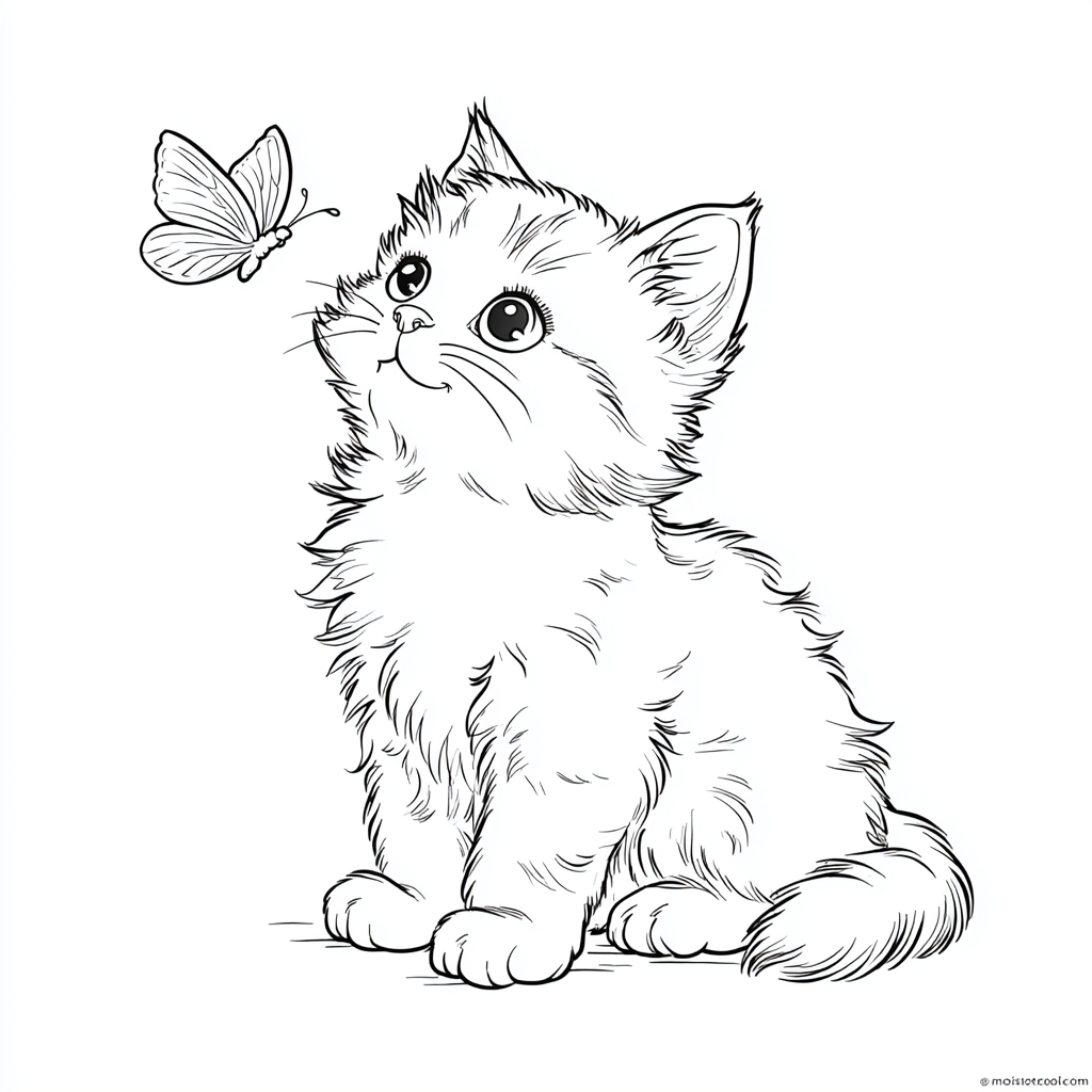 Kitten coloring page – Kitten With Butterfly Gentle Scene Cute