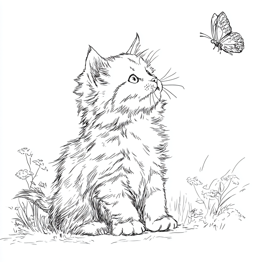 Kitten coloring page – Kitten With Butterfly Gentle Scene Cute