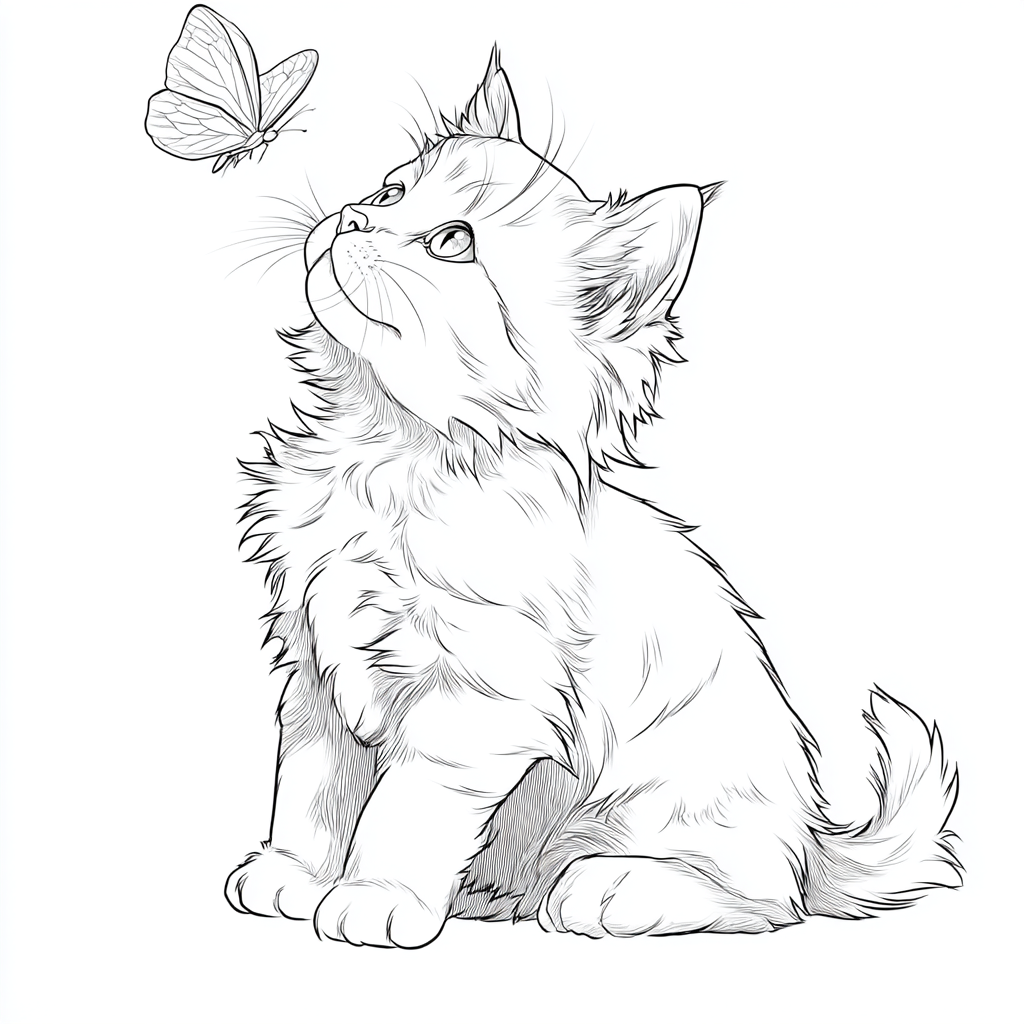 Kitten coloring page – Kitten With Butterfly Gentle Scene Cute
