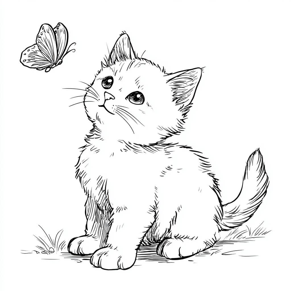 Kitten coloring page – Kitten With Butterfly Gentle Scene Cute