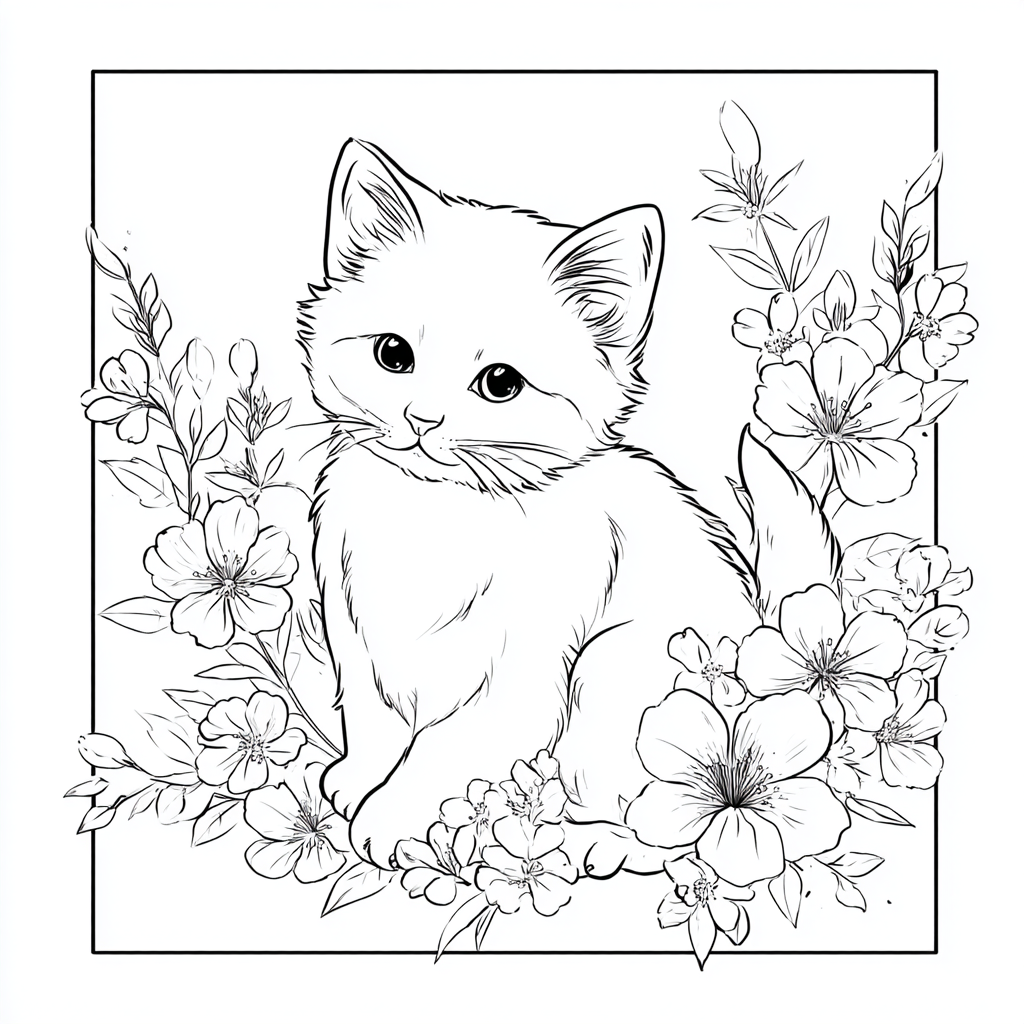 Kitten coloring page – Kitten With Flowers Sweet Kitten Surrou