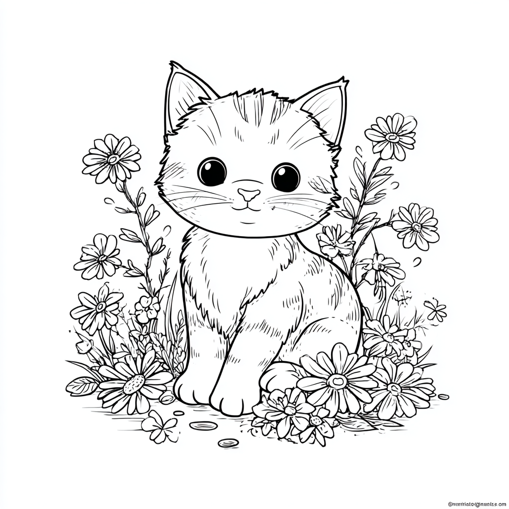 Kitten coloring page – Kitten With Flowers Sweet Kitten Surrou