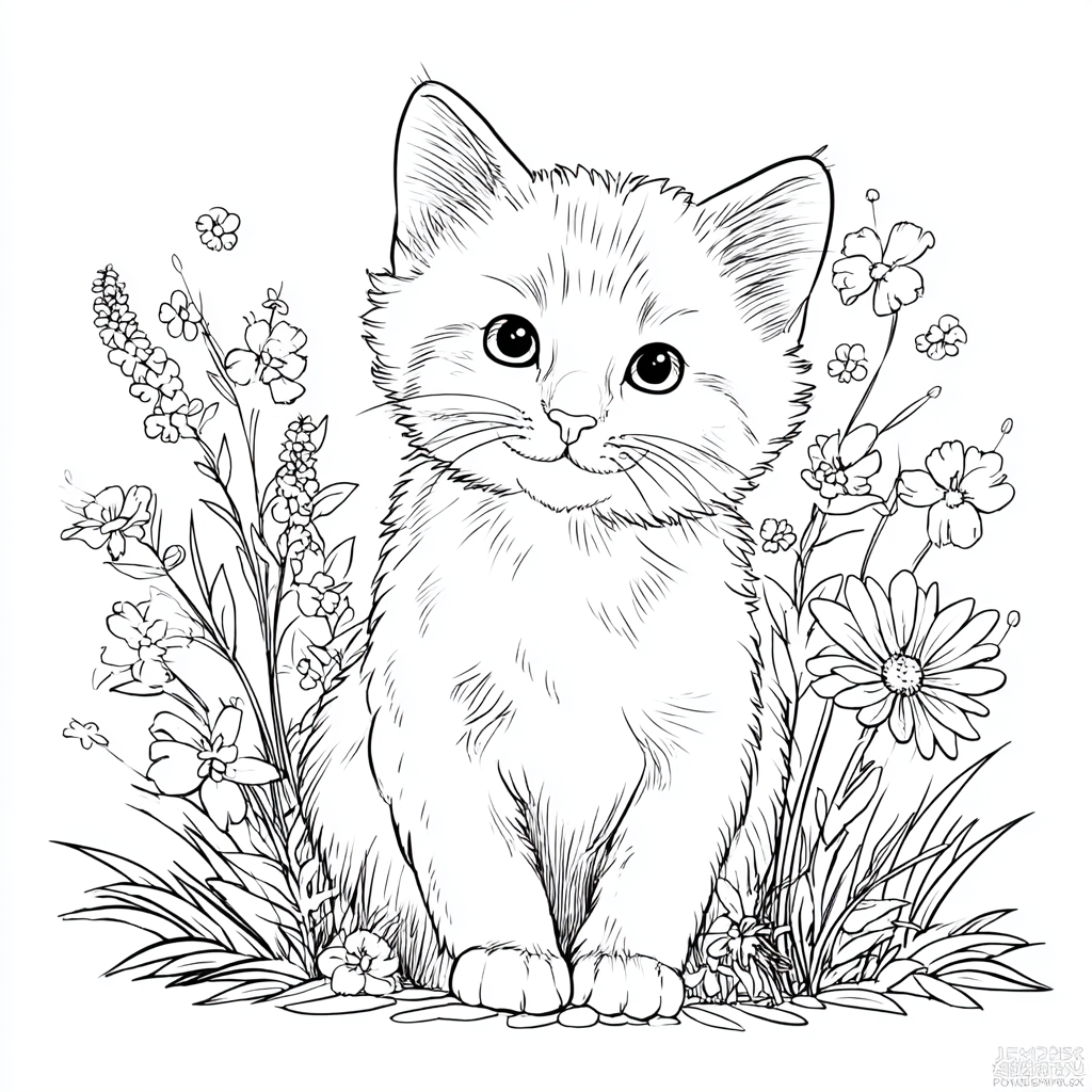 Kitten coloring page – Kitten With Flowers Sweet Kitten Surrou