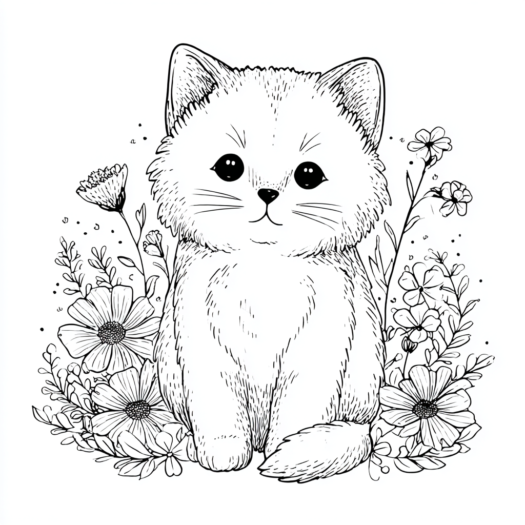 Kitten coloring page – Kitten With Flowers Sweet Kitten Surrou
