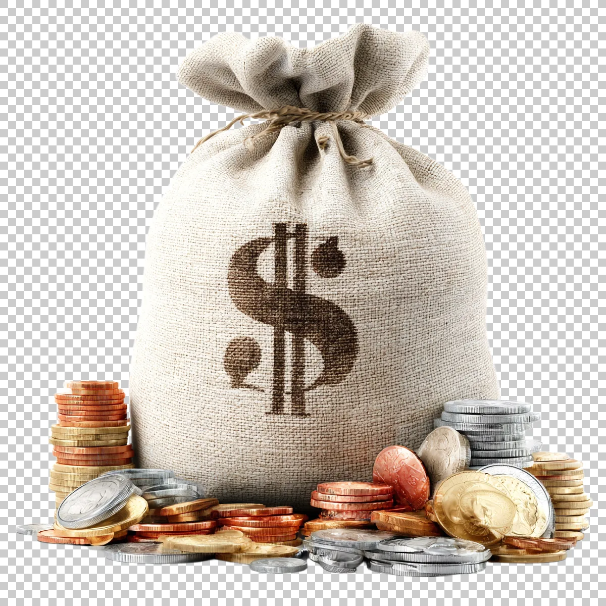 Beige Sack With Large Dollar Sign And Scattered Df594621-ebe0-49f3-9b11-dea447e19190 2 H transparent PNG