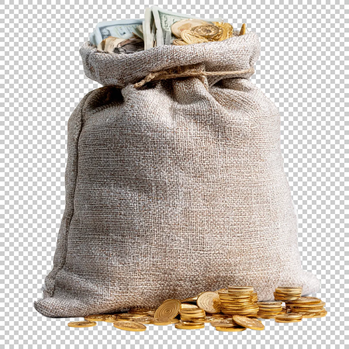 Burlap Sack Full Of Cash And Gold Coins Front V Cd5ed53c-eb8e-42bf-94e1-71a195233bd1 1 H transparent PNG