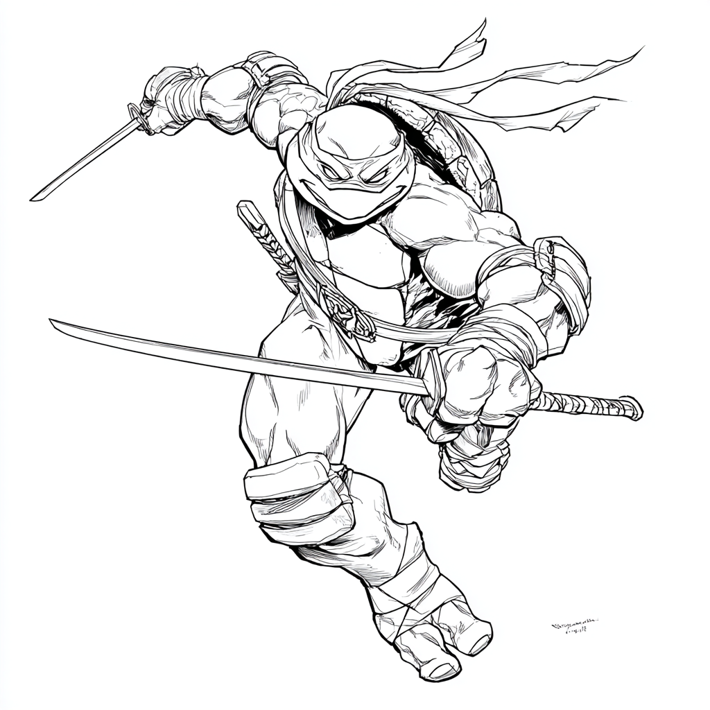 Ninja Turtle coloring page – Raphael Sai Raphael Action Pose W