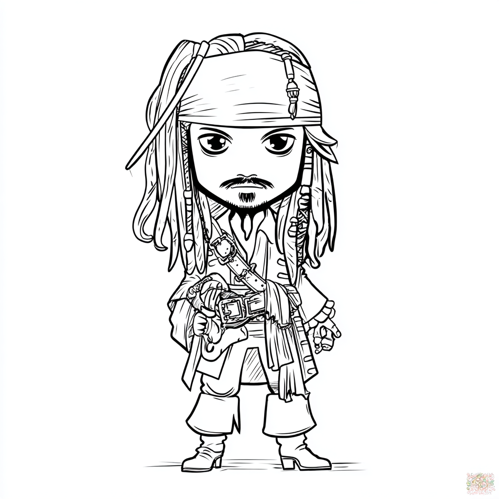 Pirate coloring page – Captain Jack Sparrow Cute Chibi-style J