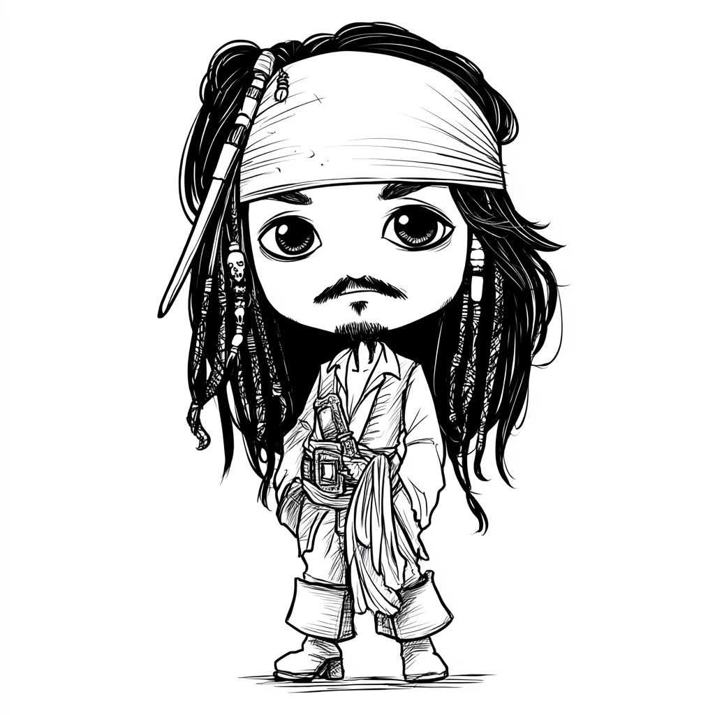 Pirate coloring page – Captain Jack Sparrow Cute Chibi-style J