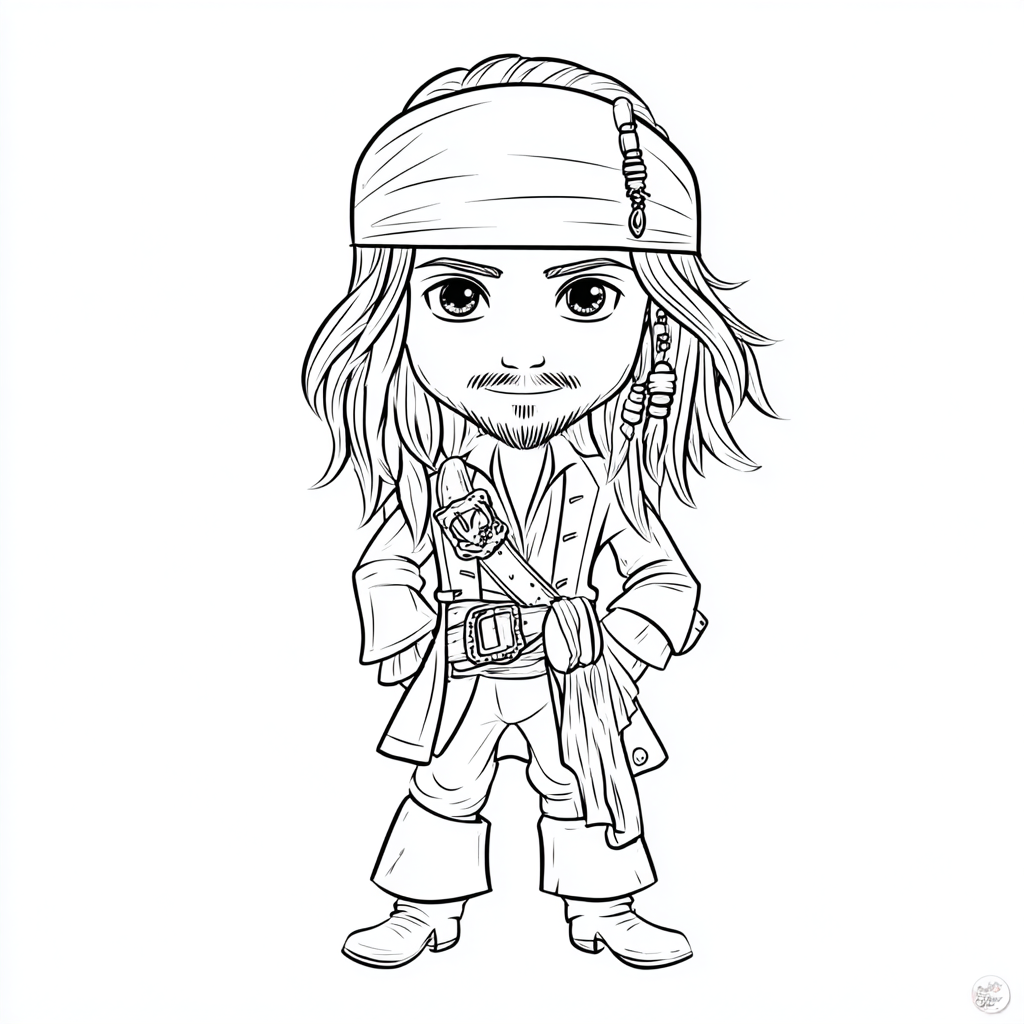 Pirate coloring page – Captain Jack Sparrow Cute Chibi-style J