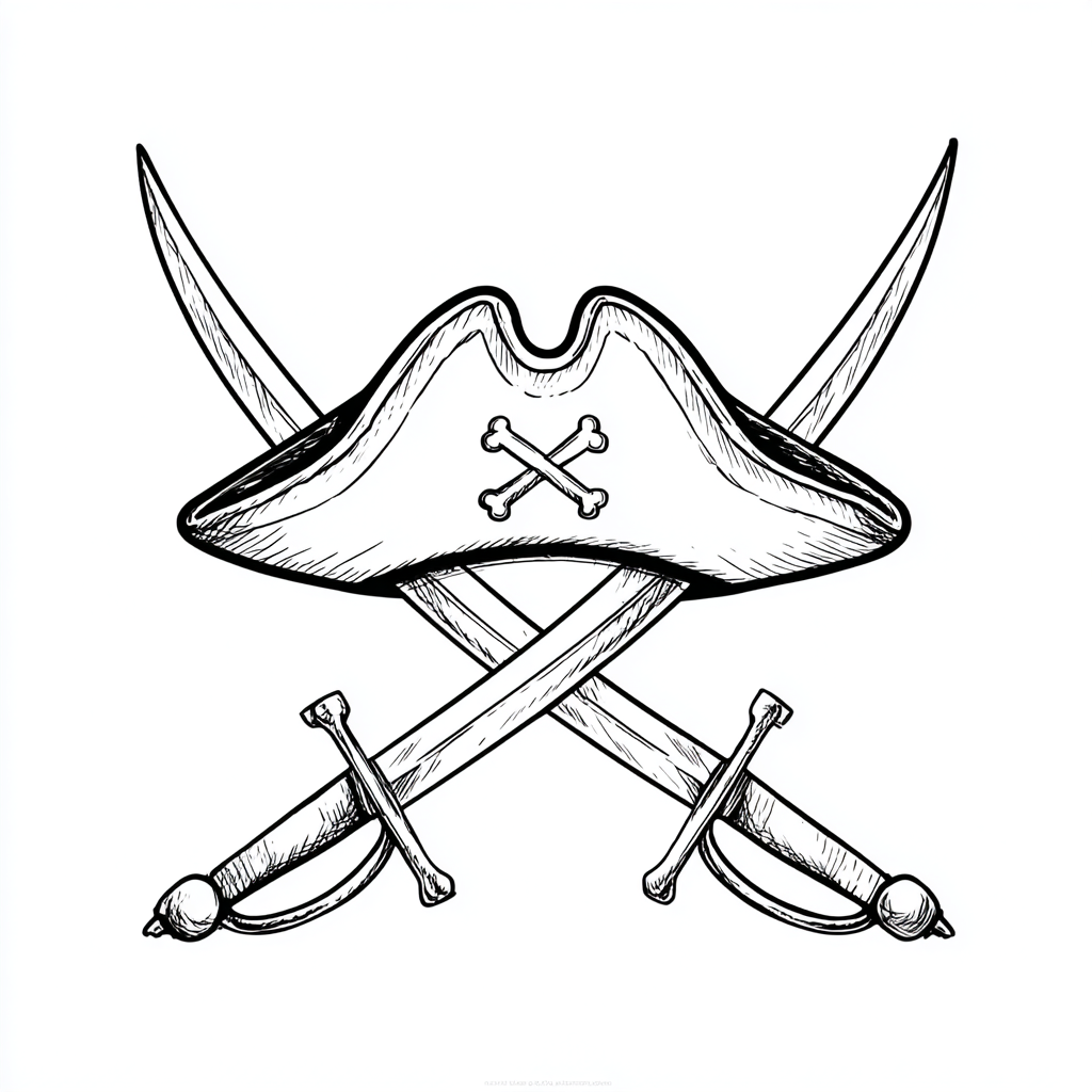 Pirate coloring page – Pirate Hat And Swords Simple Outline Of