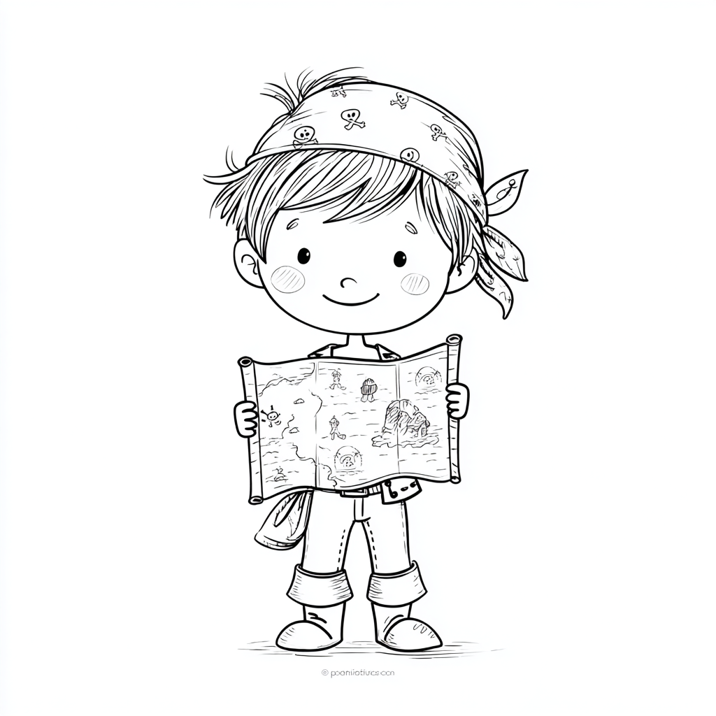 Pirate coloring page – Treasure Hunt Pirate Boy Holding A Trea