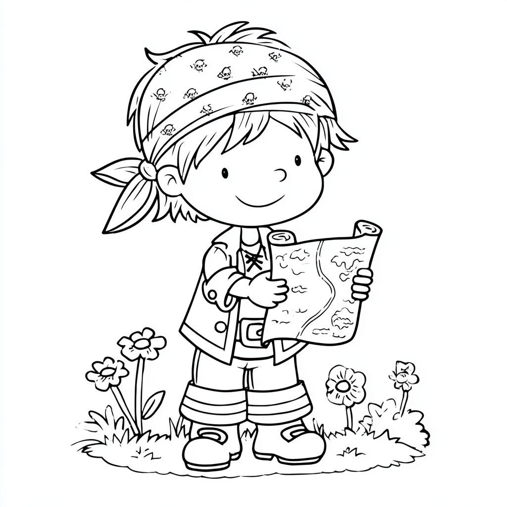 Pirate coloring page – Treasure Hunt Pirate Boy Holding A Trea