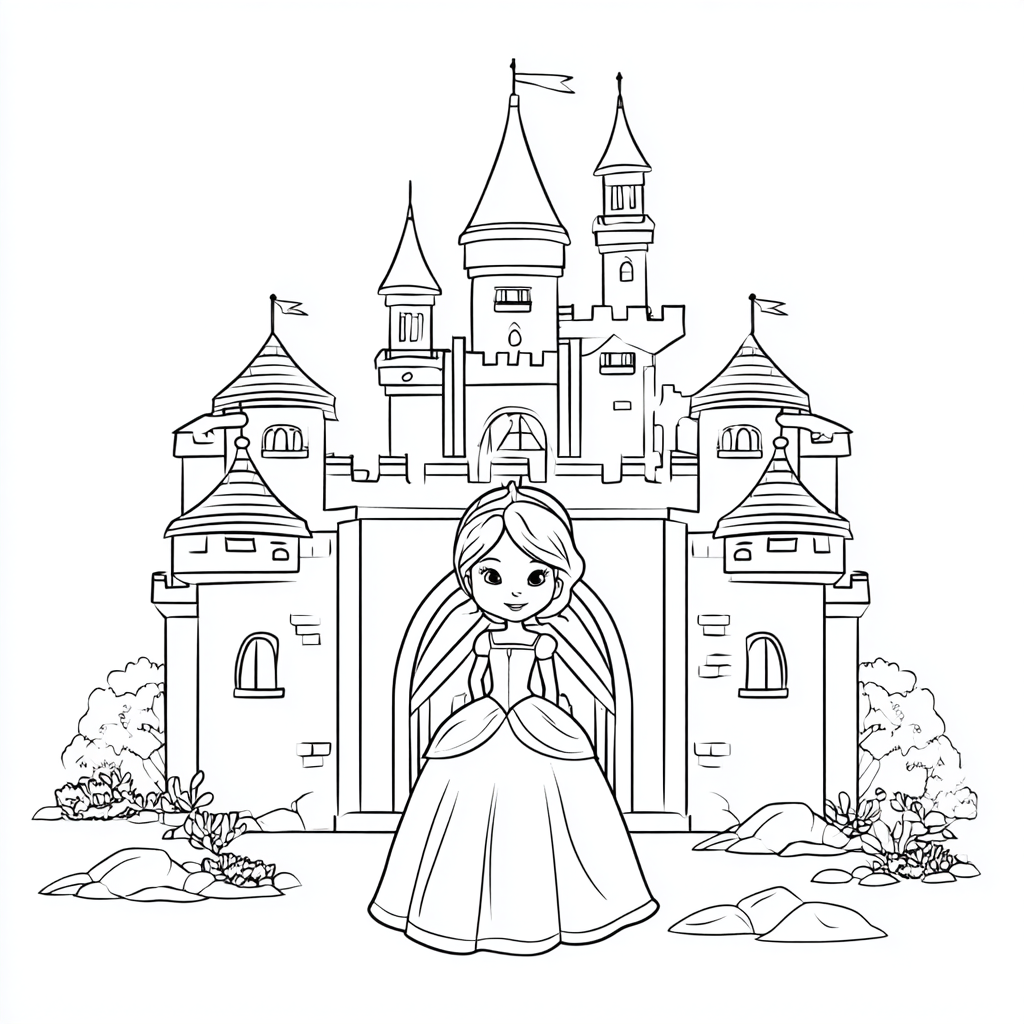 Princess coloring page – Princess Castle Scene Princess Standi