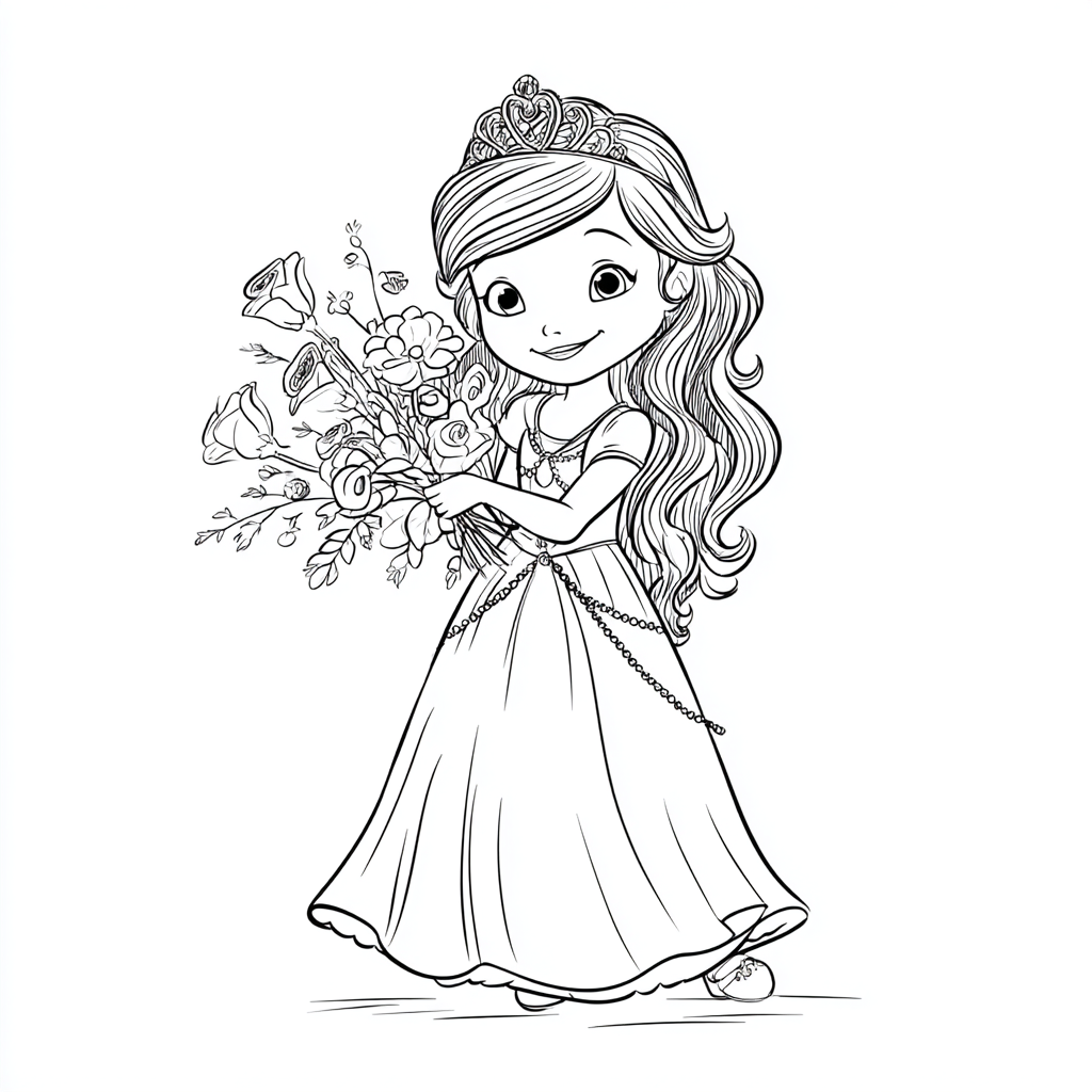 Princess coloring page – Princess With Flowers Princess Holdin