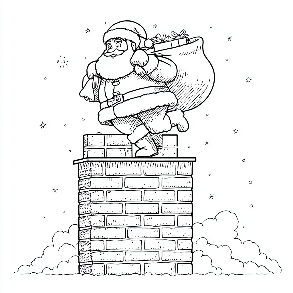 Santa Claus coloring page – Santa Chimney Scene Santa Climbing