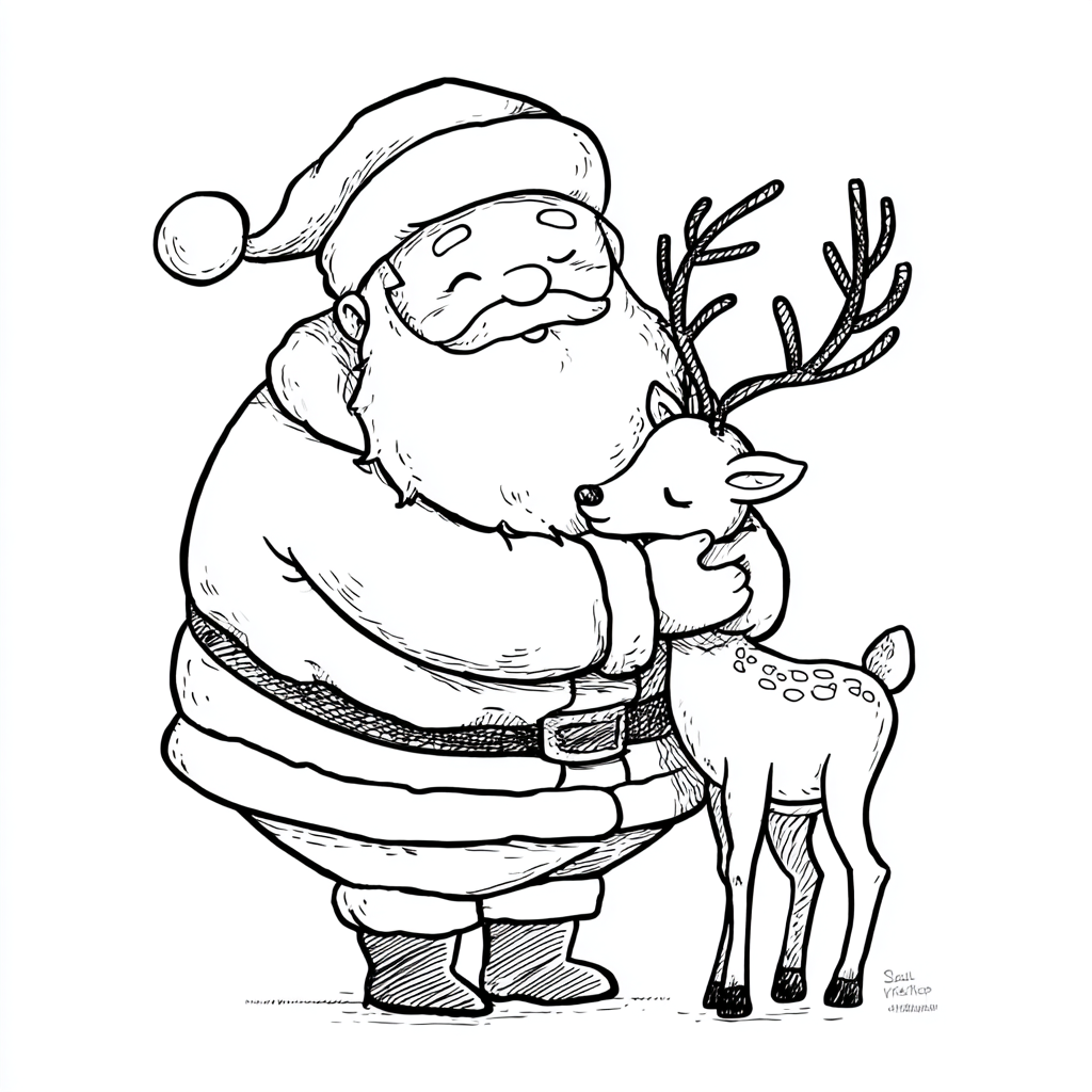 Santa Claus coloring page – Cute Santa And Reindeer Santa Hugg